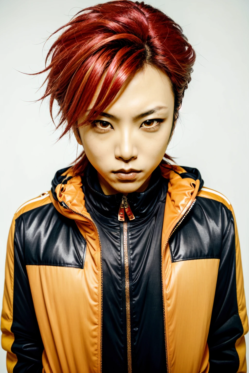 Hideto Matsumoto,  solo,  looking at viewer,  1boy,  closed mouth,  jacket,  upper body,  male focus,  red hair,  zipper,  yellow theme, <lora:EMS-57369-EMS:0.800000>