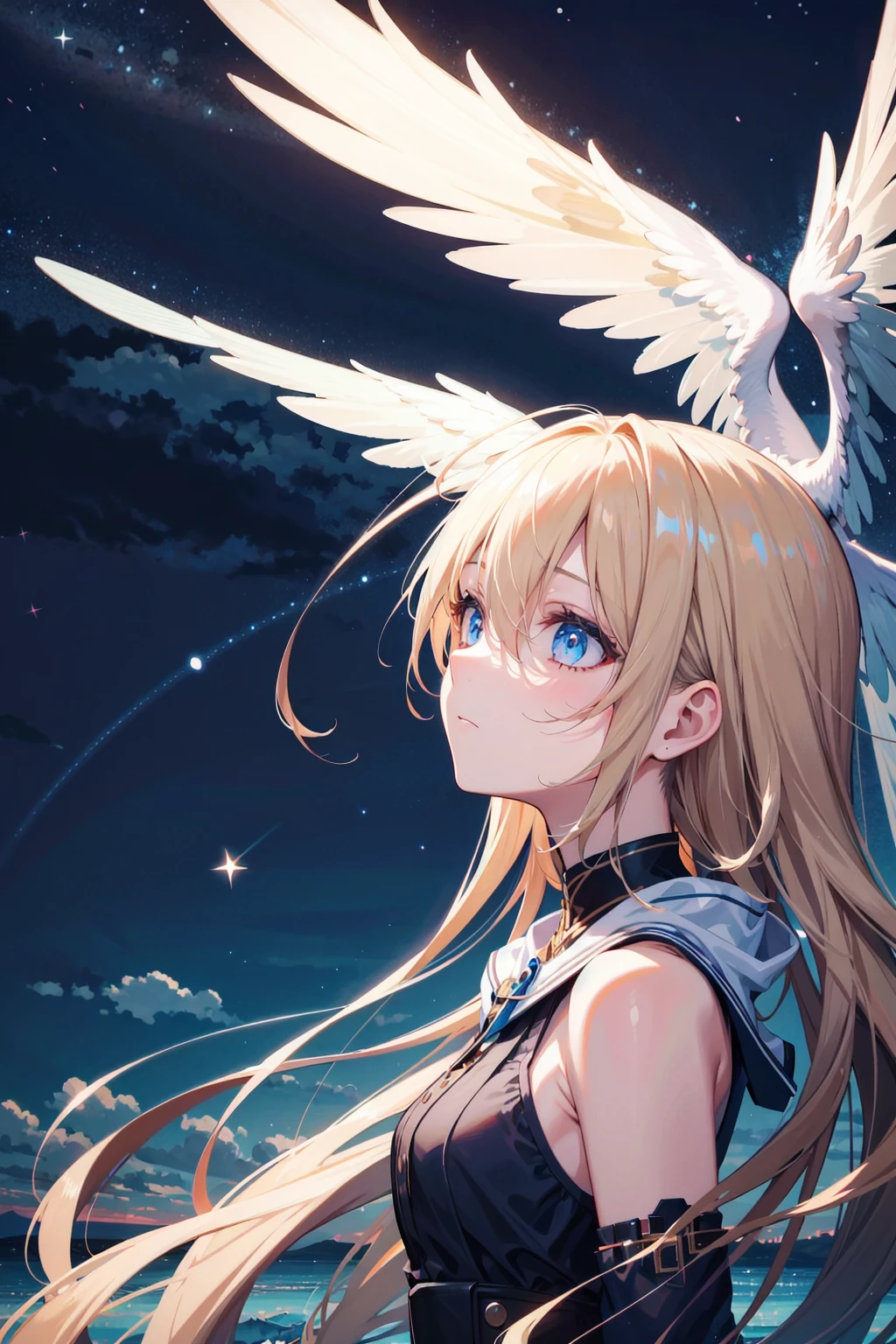 absurdres, highres, ultra detail, close view, 
1girl, shining sky, vast world, gazing, awe-inspiring expression, distant horizon, clouds, high hill, natural beauty, inspiration, night sky, Shining Stars,