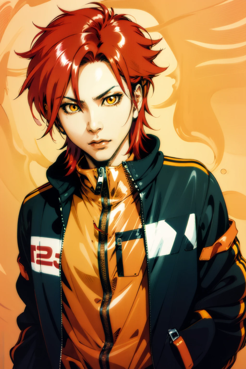 Hideto Matsumoto,  solo,  looking at viewer,  1boy,  closed mouth,  jacket,  upper body,  male focus,  red hair,  zipper,  yellow theme, <lora:EMS-57369-EMS:0.800000>