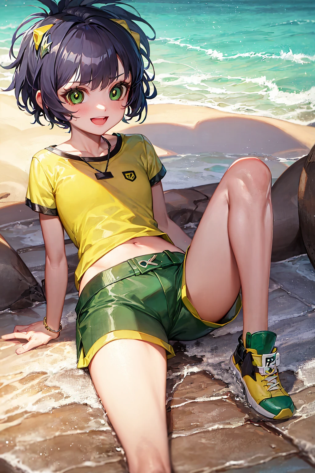 ppgzkor, green eyes, bright pupil, black hair, short hair, (yellow shirt, green shorts:1.2), :d, sitting, beach, <lora:PPGZ-Kaoru_Matsubara:1>