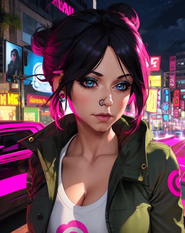 Fetch,  multicolored hair,  hair bun,  blue eyes,  black hair,  nose ring, 
green jacket, white shirt with logo, jewelry,  pink magic,  pink aura, 
upper body,  standing,  lips,   cleavage, 
city, night, neon lights, 
 (insanely detailed, beautiful detailed face,beautiful detailed eyes, masterpiece, best quality)   serious, 
 <lora:Fetch:0.7>