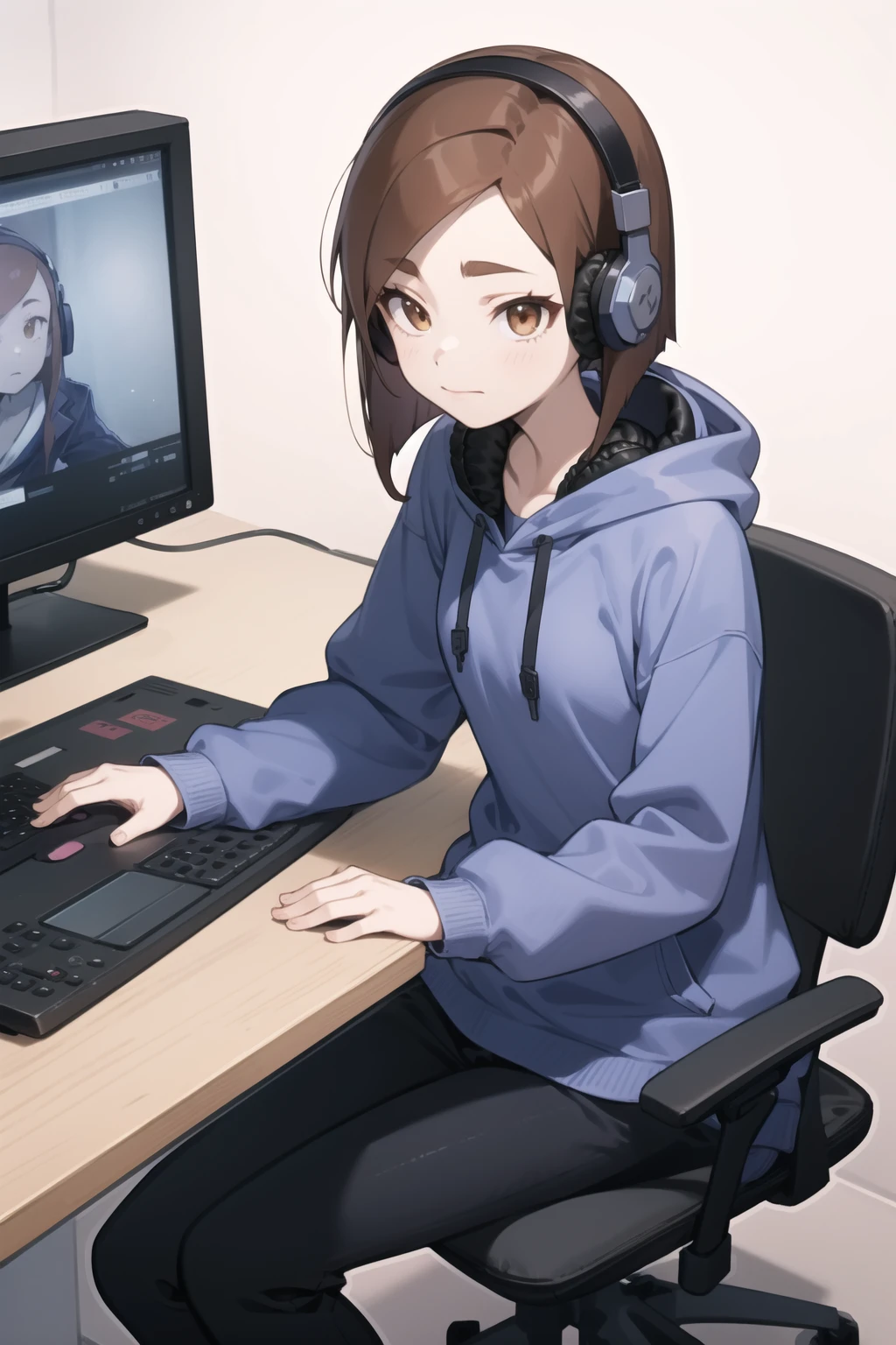 <lora:tsubame-000031:1> tsubame, small breasts,
1girl,
solo, casual, hoodie, pants, computer, sitting, headphones, livestream