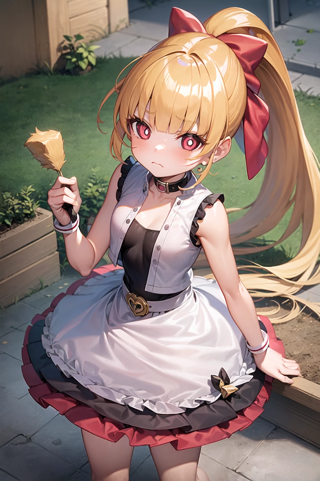 1girl, ppgzmmk, long hair, blonde hair, hair bow, blunt bangs, ponytail, red eyes, bright pupils, dress, standing, frown, looking at viewer, marketplace <lora:Momoko_PPGZ-000007:1>