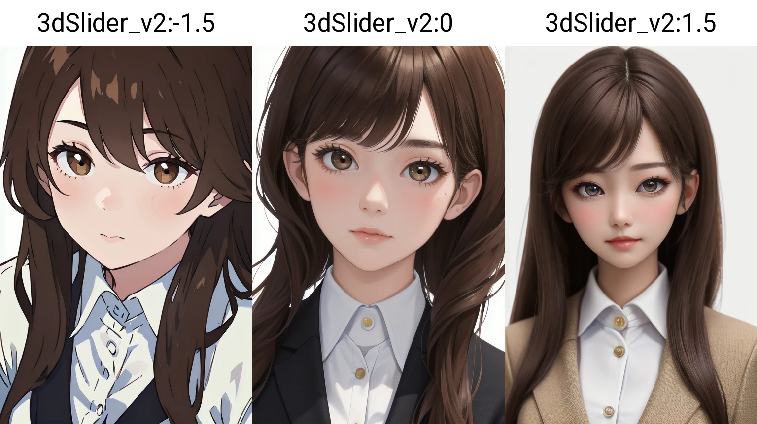 masterpiece,best quality, 1girl,<lora:3dSlider_v2:-1.5>,brown hair,white simple background,business suits,close up
