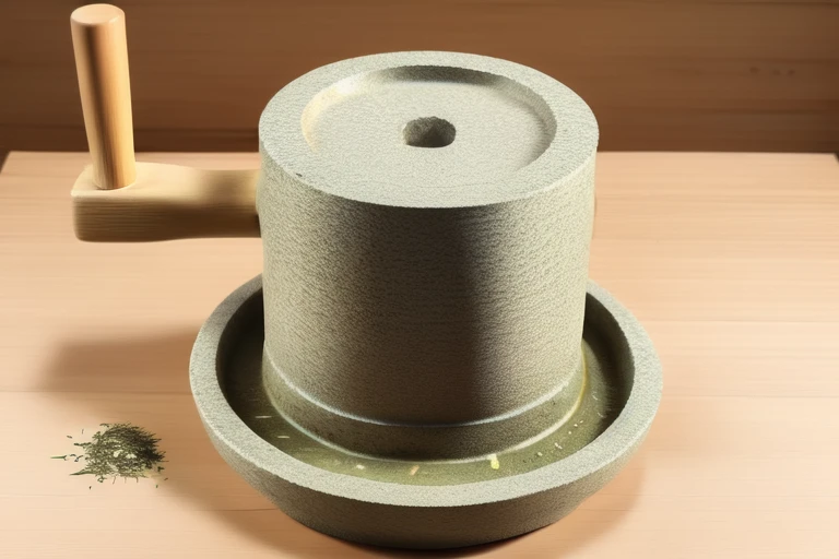 stone_mill, tea_mill, wood, handle,  <lora:tea_mill_v3:0.7>, green tea, food