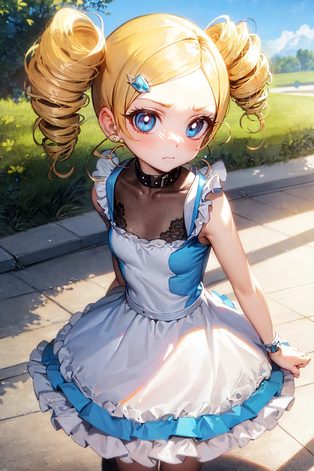 ppgzmyk, blue eyes, blonde hair, twin drills, dress, walking, frown, road <lora:PPGZ-Miyako_Gotokuji:1>