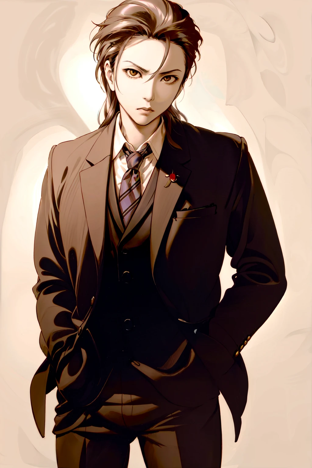 Hideto Matsumoto,  solo,  shirt,  1boy,  jacket,  male focus,  necktie,  pants,  formal,  suit,  realistic,  hands in pockets,  sepia,  brown theme, <lora:EMS-57369-EMS:0.900000>