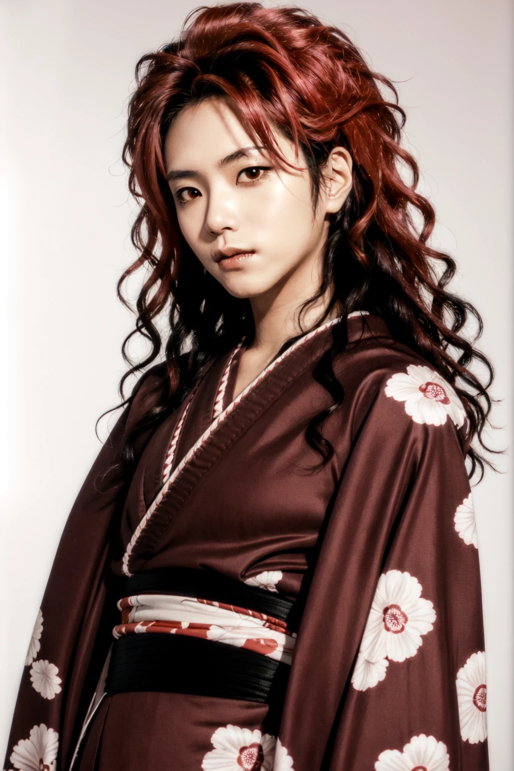 Hideto Matsumoto,  1boy,  male focus,  solo,  long hair,  brown eyes,  upper body,  red hair,  japanese clothes,  kimono,  lips,  makeup,  curly hair,  haori,  best photography, <lora:EMS-57369-EMS:0.800000>