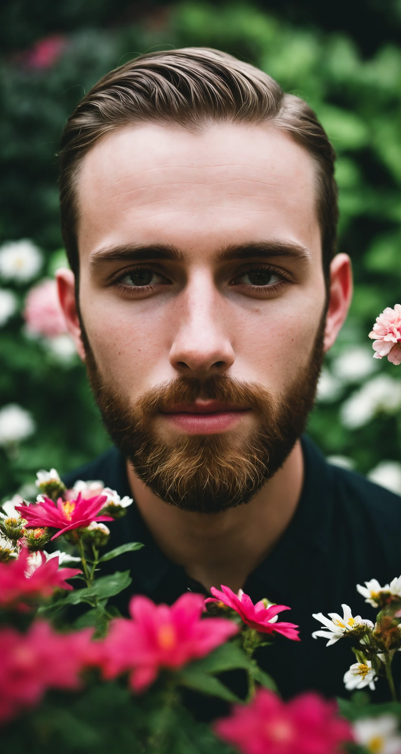 photo of man, closeup, RAW, masterpiece, realistic, hyper realistic, muted color, film grain,
looking at viewer, soft colors, fascinating, blurry background, garden, high contrast, dark background,
 flowers,