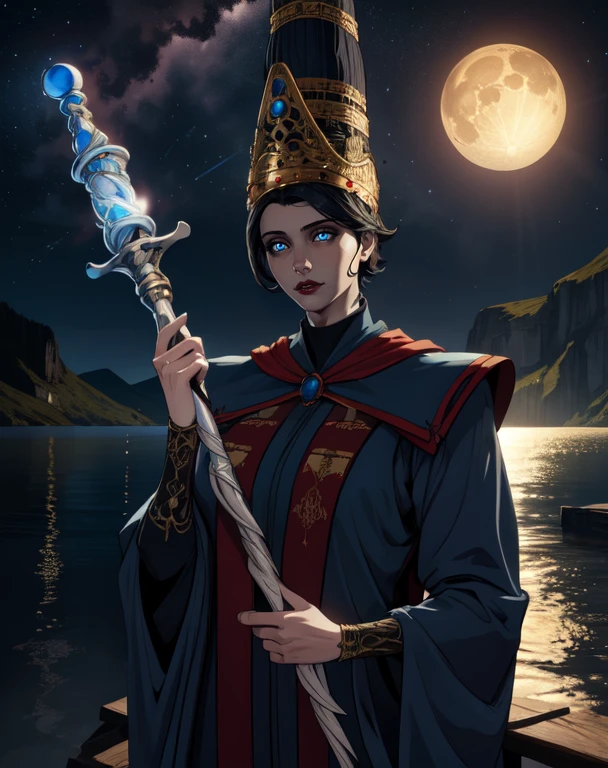 Rennala, short black hair, blue eyes,
empty lake, large moon in center, nighttime, stars
insanely detailed, beautiful detailed face, masterpiece, detailed eyes, best quality), <lora:Rennala-10v6:0.8>