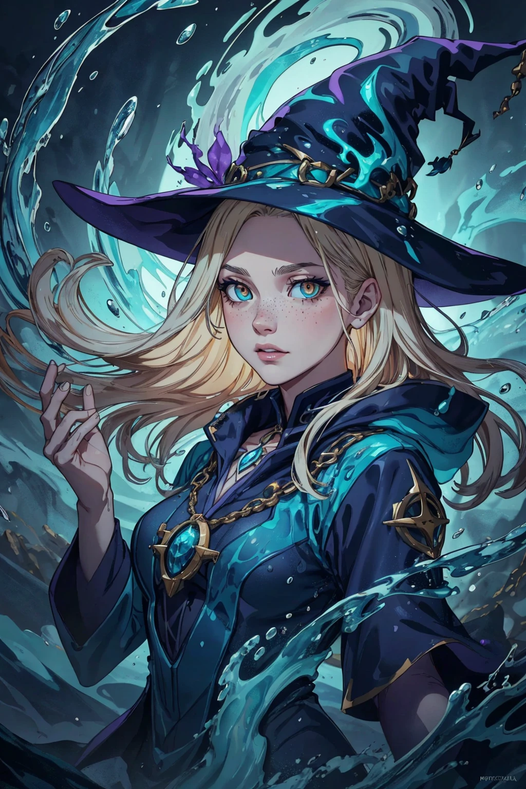 (masterpiece, best quality, detailed glossy skin: 1.2), flawless, 8k, RAW, highres,1girl, petite, medium breasts, long hair, blonde hair, (witch hat), (light smile), purple eyes, (star-shaped pupils), (underwater, algae, aquarium), looking at the viewer, solo, alice dress in wonderland, (camel's paw), (no panties), long socks, transparent white socks, broom, floating, rim lights, cinematic lighting, ((splash water)),