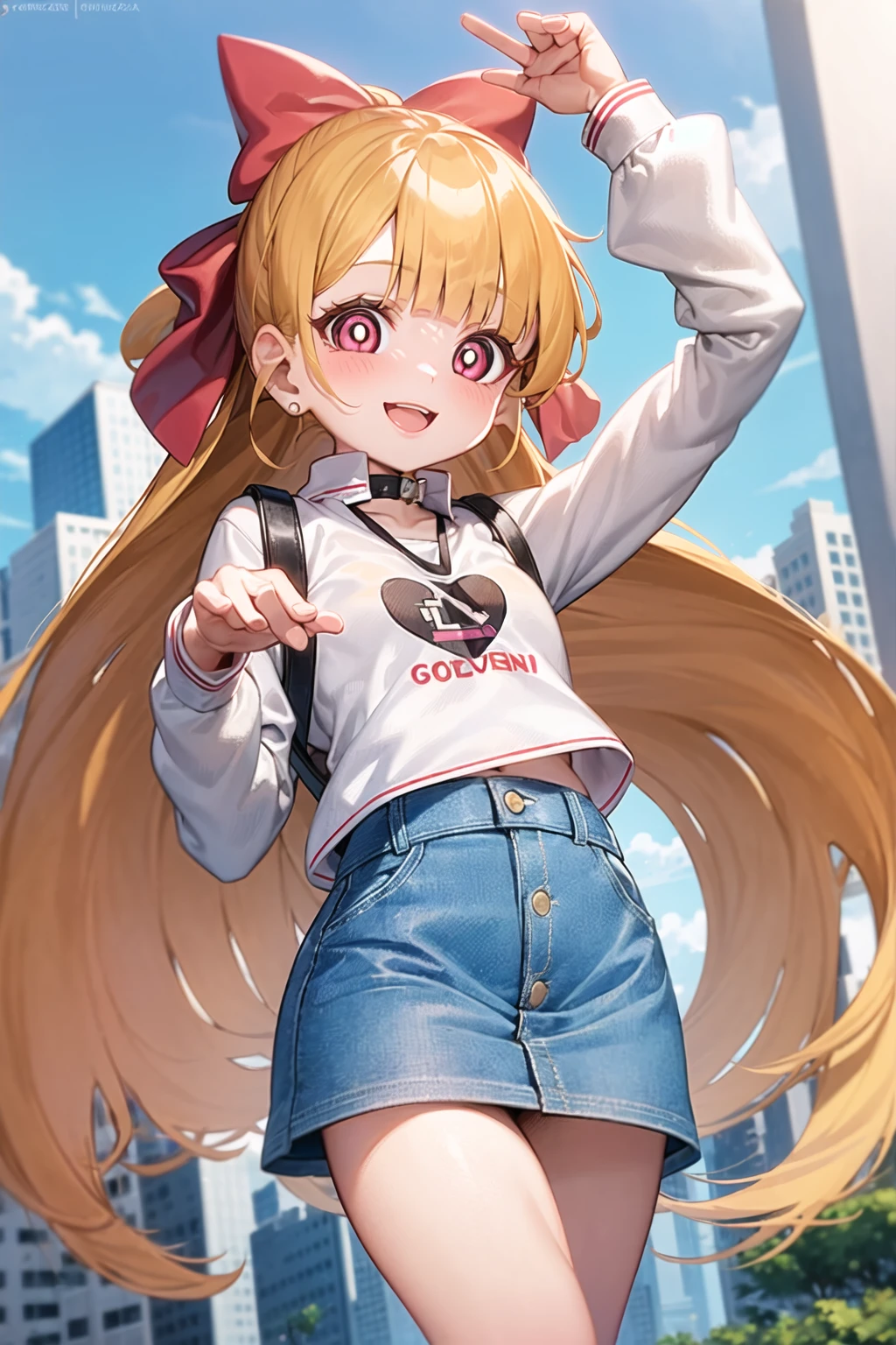 1girl, ppgzmmk, long hair, blonde hair, hair bow, blunt bangs, ponytail, red eyes, bright pupils, (white shirt, long sleeves, striped sleeves:1.1), (denim, short skirt:1.1), standing, smile, looking at viewer, closed mouth, city <lora:Momoko_PPGZ-000007:1>