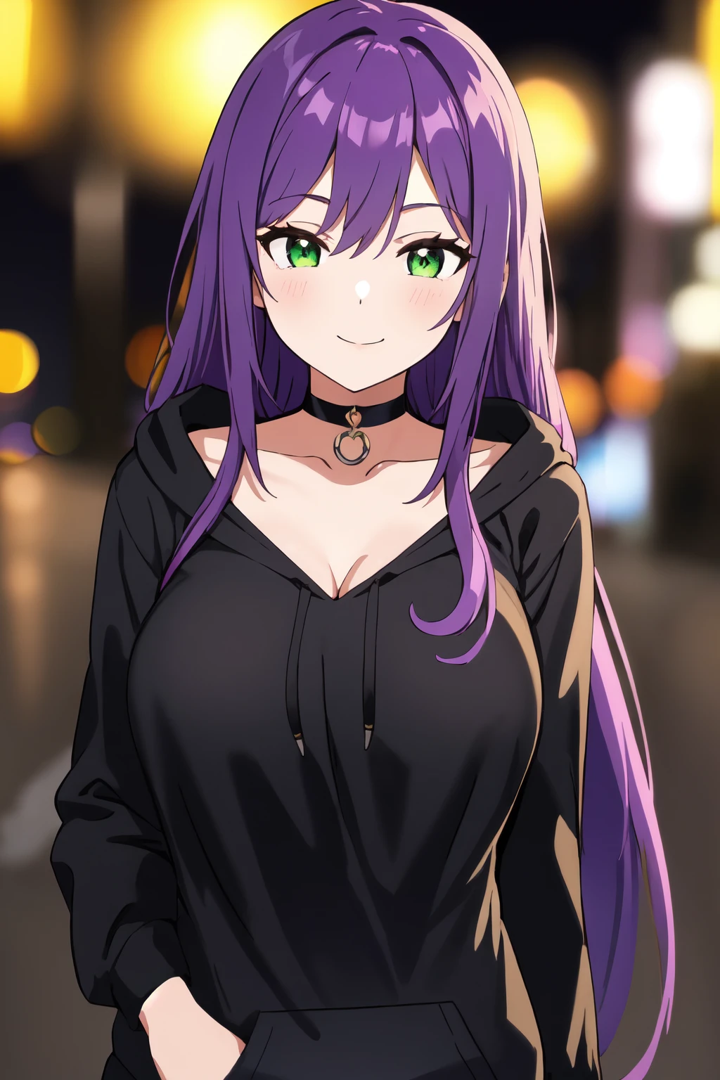masterpiece, best quality, 1girl, solo,
long hair, purple hair, green eyes, hairpin, large breasts, black hoodie, light smile, choker,
portrait, night, street, bokeh,