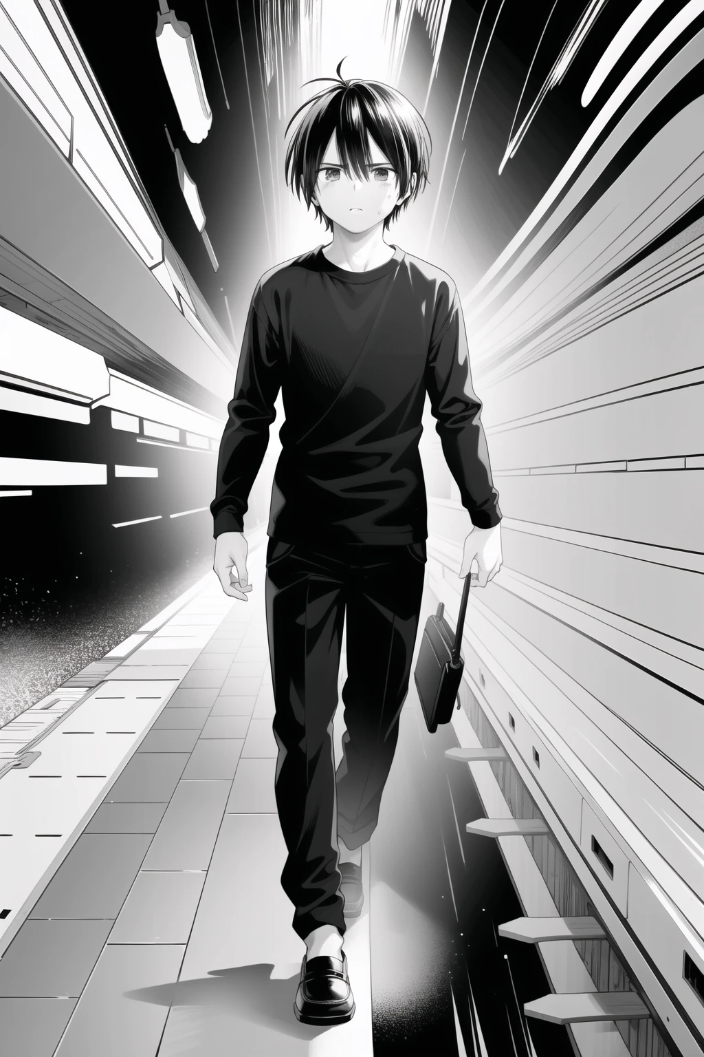 BREAK looking at viewer, standing, body view, masterpiece, absurdres, anime, manga, monochrome, grayscale, line art, 1boy