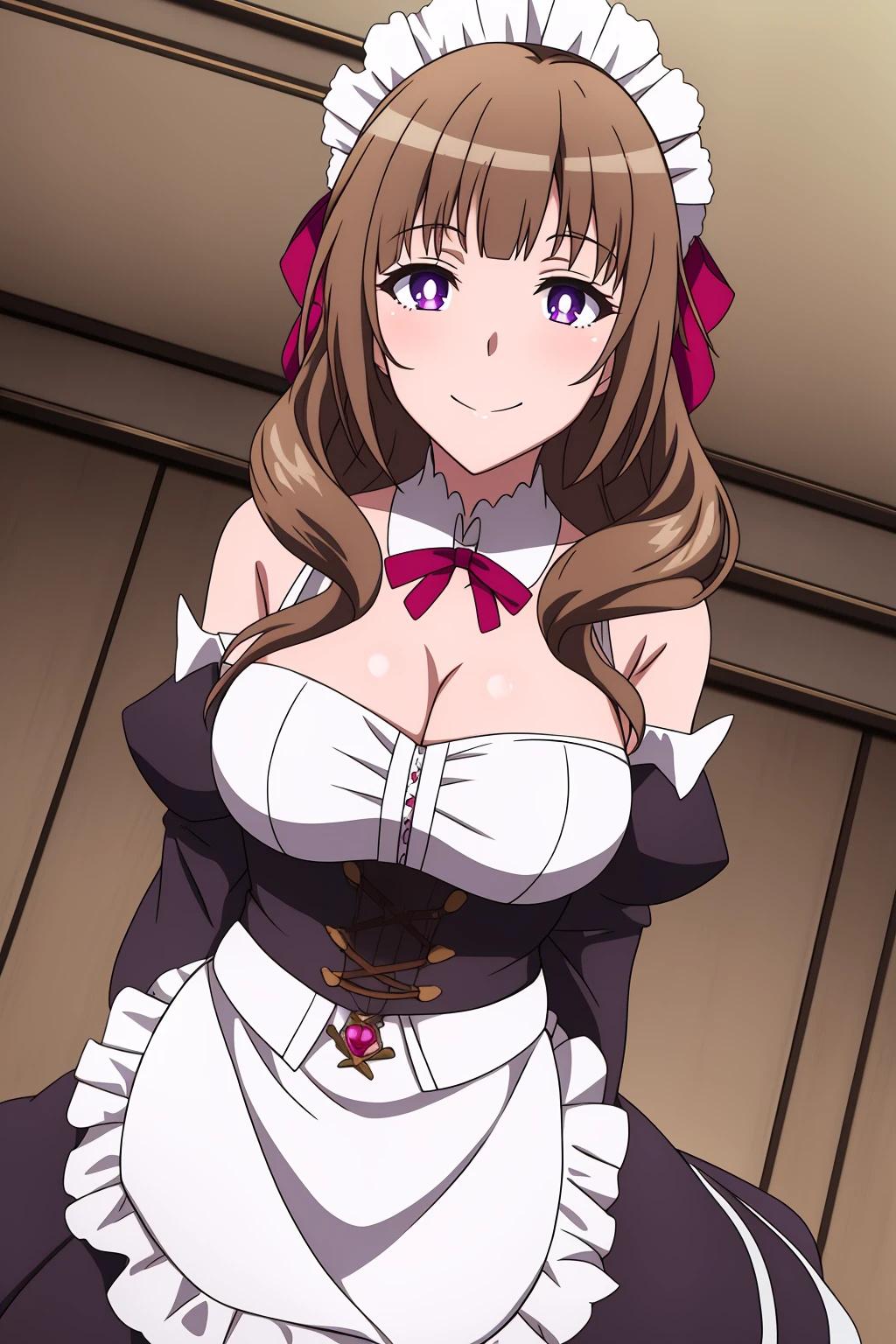 mamako, 1girl, solo, long_hair, breasts, looking_at_viewer, blush, smile, bangs, large_breasts, brown_hair, dress, ribbon, cleavage, bare_shoulders, medium_breasts, closed_mouth, purple_eyes, collarbone, hair_ribbon, upper_body, frills, detached_sleeves, alternate_costume, shiny, indoors, white_dress, shiny_hair, maid, maid_headdress, dutch_angle, detached_collar, bright_pupils, white_pupils, mature_female, anime_coloring
