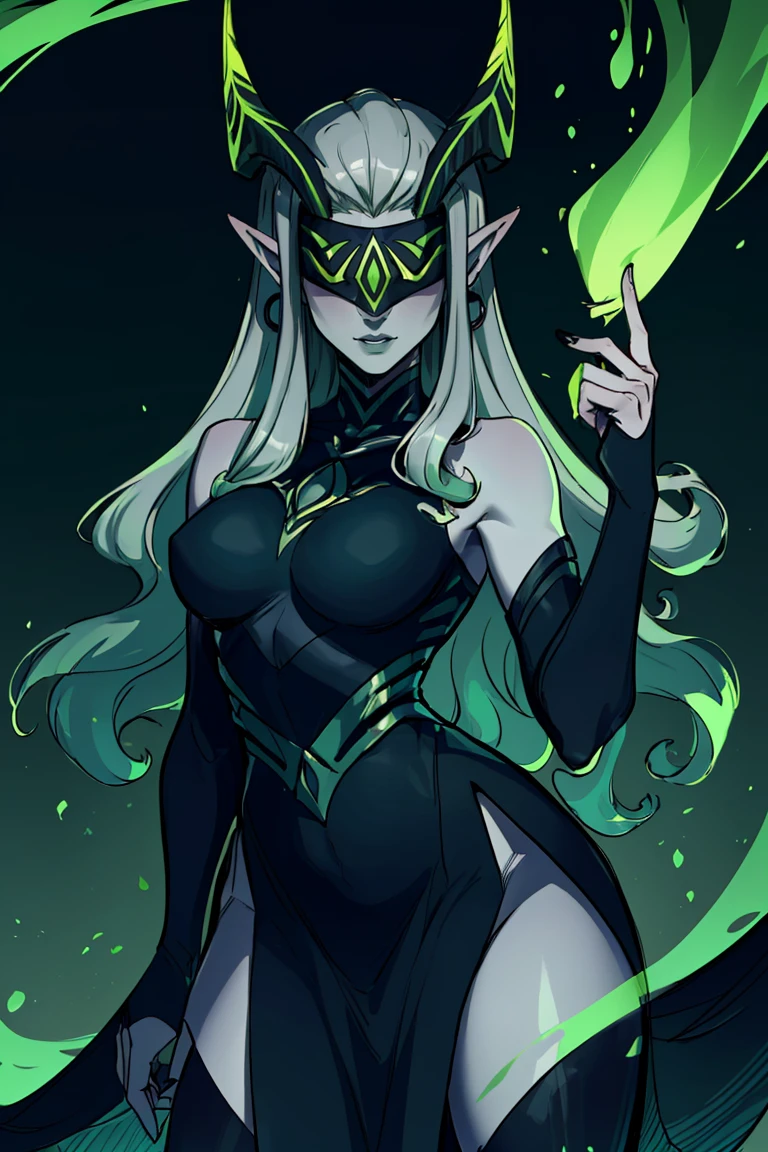 ((masterpiece,best quality)), absurdres, <lora:Shemira_AFK_v2:0.8>, Shemira_AFK, pointy ears, covered eyes, green glow, grey skin, magic, thighs, long dress, smug,