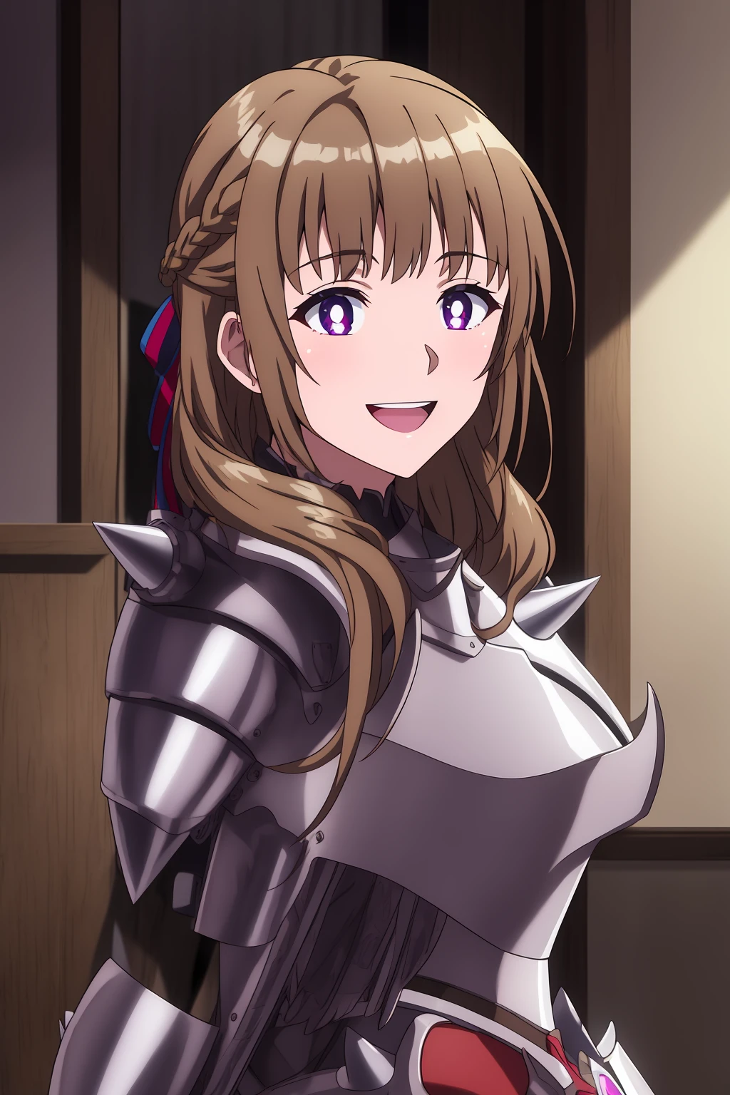 mamako, 1girl, solo, long_hair, looking_at_viewer, blush, smile, open_mouth, bangs, brown_hair, ribbon, purple_eyes, hair_ribbon, upper_body, braid, :d, teeth, looking_back, indoors, from_behind, armor, upper_teeth_only, back, parody, curtains, shoulder_armor, bright_pupils, french_braid, spikes, pauldrons, white_pupils, mature_female, black_armor, anime_coloring, shoulder_spikes