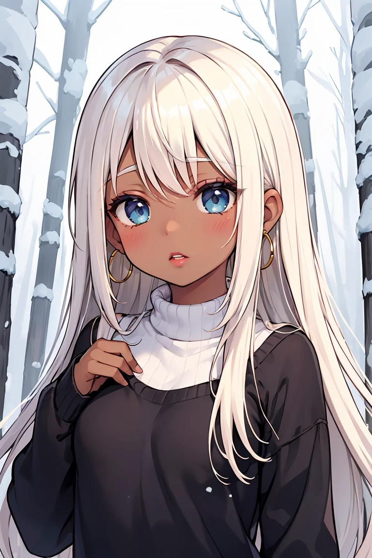 (masterpiece, best quality), Sweaters, Trailblazer, Tall, Skinny, Square Face, Dark Skin, Platinum Blonde Hair, Blue Eyes with Green Flecks, Straight Nose, Full Lips, Sharp Chin, Long Hair, Coarse Hair, Swept Bangs, small breasts, Hoop earrings, pink satin lipstick, a dense pine forest blanketed in a layer of fresh snow