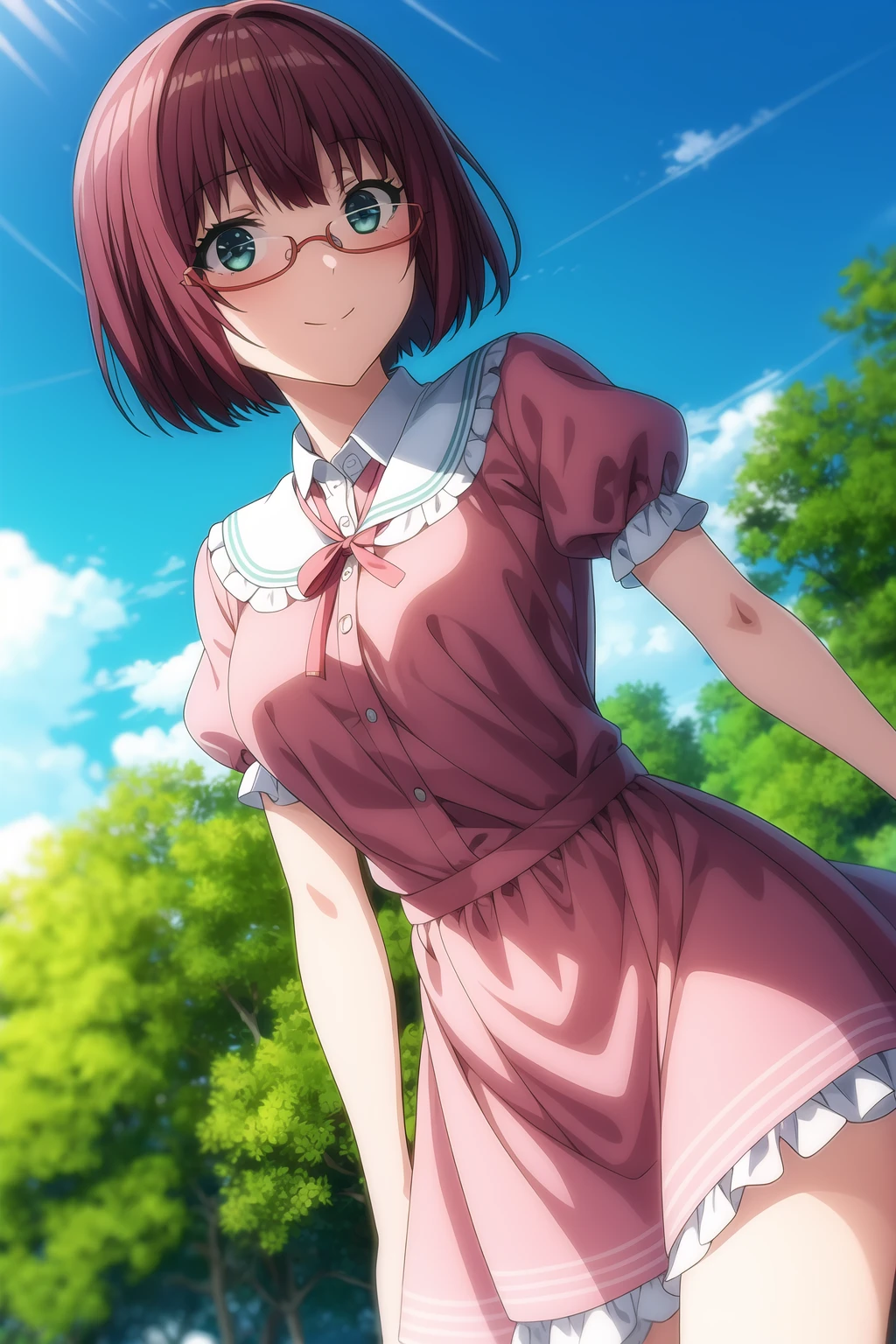 1girl, reddish purple hair, light blue eyes, eyebrows visible through hair, glasses, looking at viewer, short hair, smile, dress, frills, pink dress, puffy sleeves, short sleeves, solo, mutsu_amatani, <lora:add_detail:0.7>