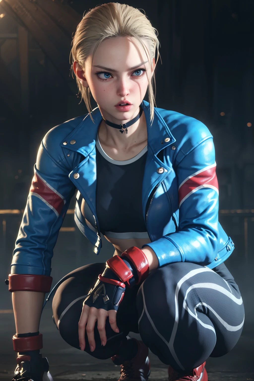 realistic, realism, photorealism, photo-realistic, high contrast, (photorealistic:1.4), (perfect female figure), 8k high definition detailed realistic, (best quality, masterpiece:1.2),  photon mapping, radiosity, physically-based rendering, best quality, highly detailed, 1girl, sfcammy, (ahoge), upper body,  looking at the viewer, squatting,