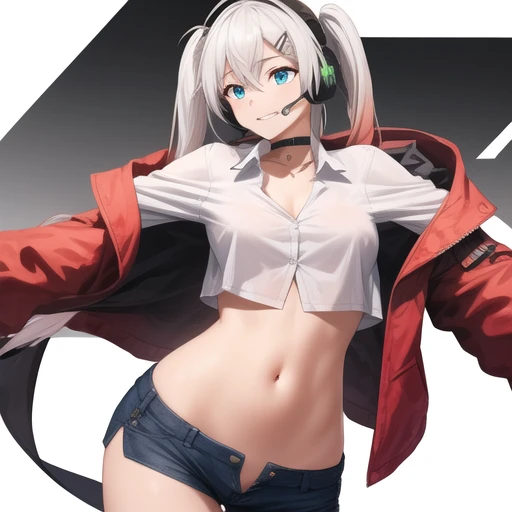 (masterpiece, best quality:1.2),illustration,8k,hd,1girl,solo,upper body,(portrait:1.2),lwmmg (girls frontline),bangs,black choker,black footwear,black gloves,blue eyes,blue shorts,collarbone,collared shirt,crop top,dress shirt,eyebrows visible through hair,gradient hair,hair between eyes,hair ornament,hairclip,headphones,headset,hood,hood down,hooded jacket,long sleeves,medium breasts,midriff,multicolored hair,navel,off shoulder,open clothes,open jacket,pink hair,red jacket,shoes,short shorts,shorts,single sock,single thighhigh,smile,twintails,very long hair,white hair,white shirt,<lora:Lwmmg(gf)>,