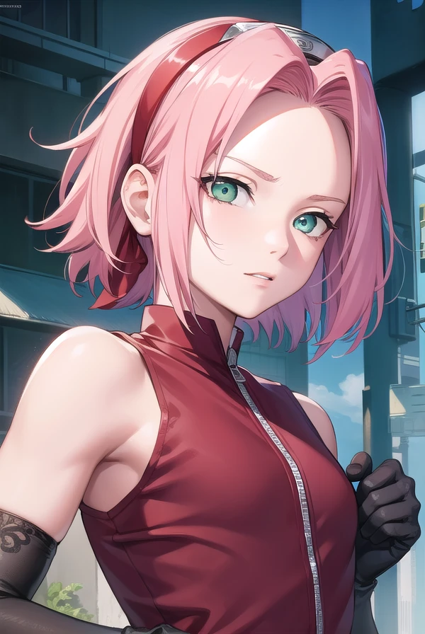 sakuraharuno, <lora:sakuraharunotest-000010:1>, 
sakura haruno, short hair, (green eyes:1.5), pink hair, headband, hair intakes, forehead protector, parted bangs, (small breast:1.2),
BREAK shirt, gloves, shorts, sleeveless, black gloves, sleeveless shirt, red shirt, red jacket, zipper, zipper pull tab, sleeveless jacket,
BREAK looking at viewer,
BREAK outdoors, city, nature, forest,
BREAK <lyco:GoodHands-beta2:1>, (masterpiece:1.2), best quality, high resolution, unity 8k wallpaper, (illustration:0.8), (beautiful detailed eyes:1.6), extremely detailed face, perfect lighting, extremely detailed CG, (perfect hands, perfect anatomy),