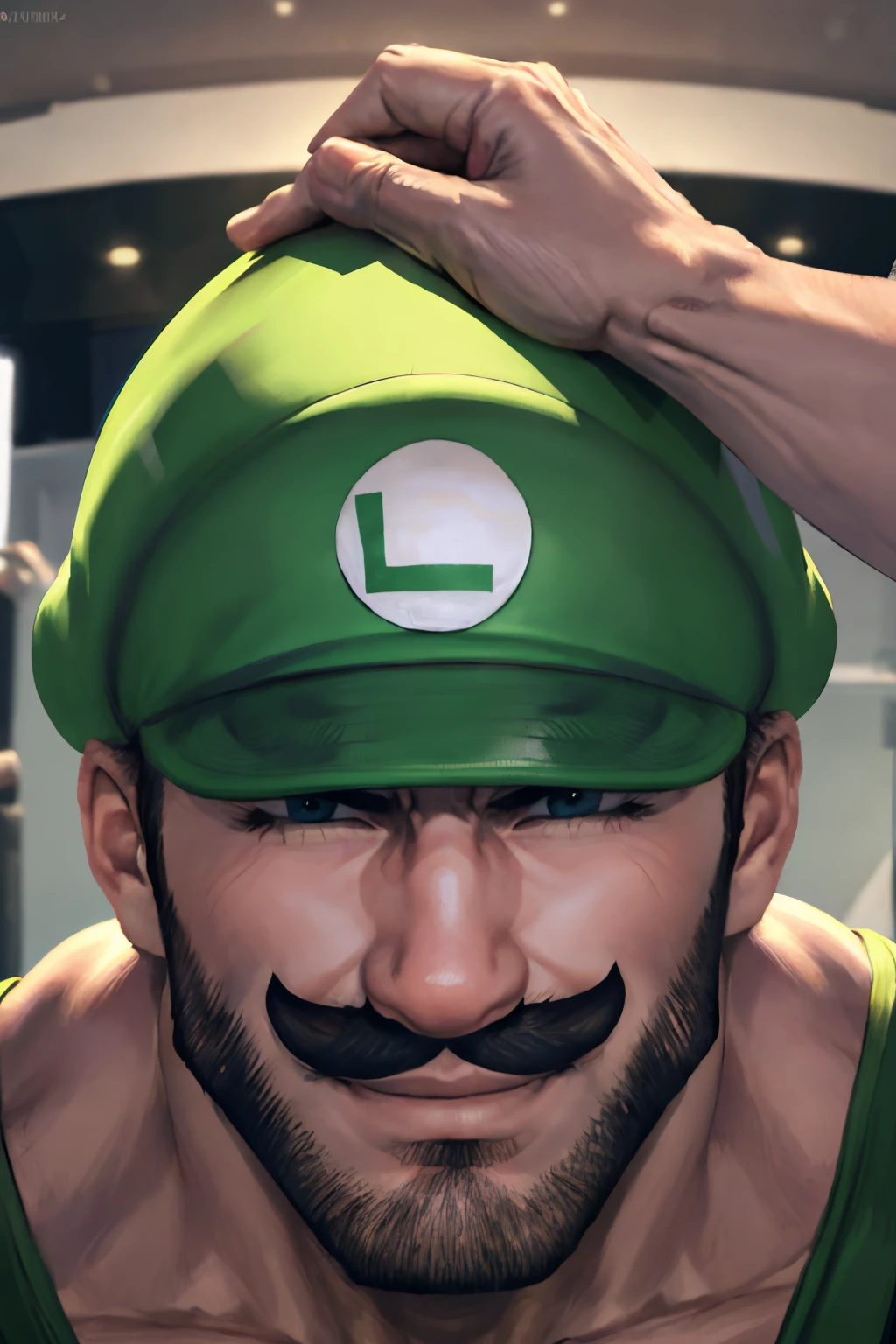 masterpiece, best quality, IncrsHeadpatPOV, headpat, pov, <lora:HeadpatPOVV2:1>, Luigi, <lora:Char_MarioSeries_Luigi:0.8>, gigachad, <lora:Char_Sigmas_GigaChad:0.5>, muscular, smug, smirk,