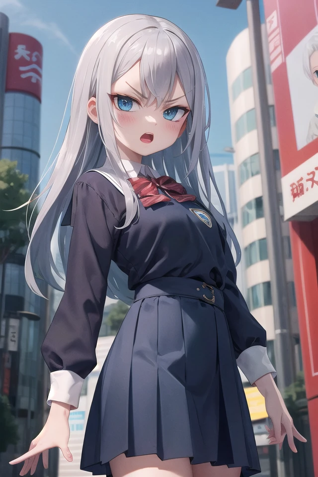 <lora:gekioko_v250:1>
(cleavage:-1.5),
insanely detailed, absurdres, ultra-highres, ultra-detailed, best quality,
1girl, solo, nice hands, perfect hands,
BREAK,
(wearing school uniform),
angry, open mouth,
points to camera, cowboy shot,
BREAK,
slender, kawaii, perfect symmetrical face, ultra cute girl, ultra cute face, ultra detailed eyes, ultra detailed hair, ultra cute, ultra beautiful,
by Canon EOS, SIGMA Art Lens 35mm F1.4, ISO 200 Shutter Speed 2000,
in harajuku, shibuya, tokyo, street, crowd, cityscape,
medium breasts,
BREAK,
(grey hair, blue eyes),