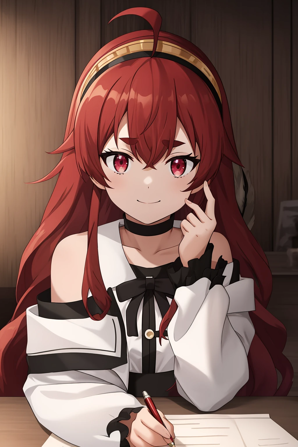 eris, 1girl, solo, long_hair, looking_at_viewer, smile, bangs, shirt, red_eyes, long_sleeves, holding, hair_between_eyes, bare_shoulders, sitting, closed_mouth, collarbone, jacket, white_shirt, upper_body, ahoge, red_hair, hairband, indoors, wide_sleeves, off_shoulder, parody, table, thick_eyebrows, feathers, black_hairband, paper, pen, writing, anime_coloring, quill, inkwell, colorful