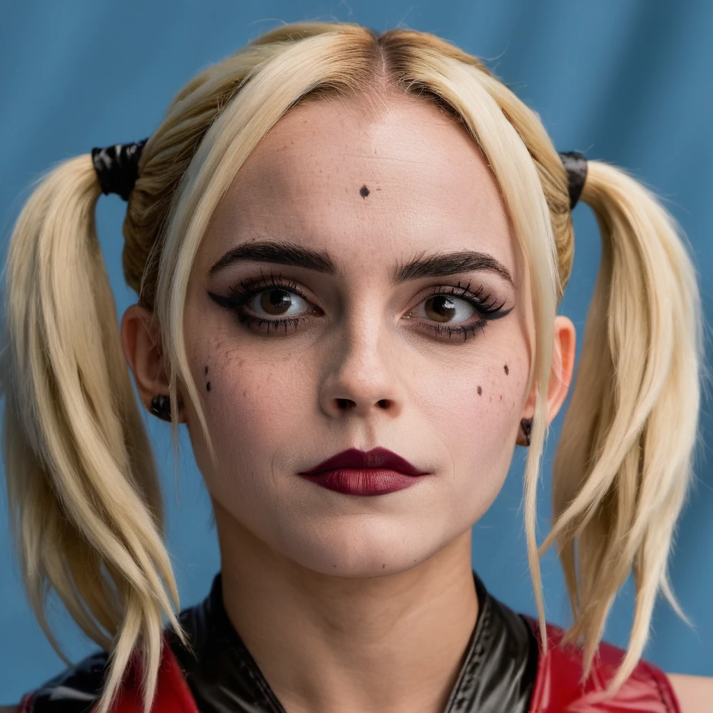 Photo of a hollywood actress dressed as Harley Quinn, (glossy wet lips), Nikon Z9, skin texture visible, (sharp focus), (high quality), (symmetric:0.3)