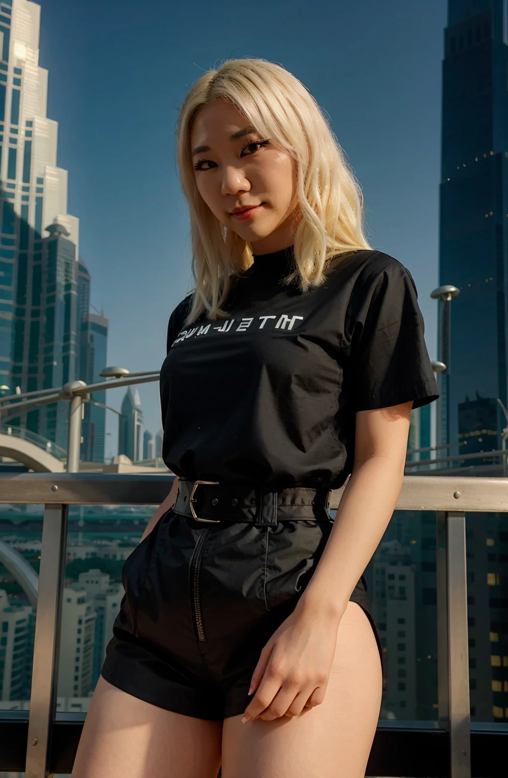 Emmi Xi, 1 mature woman, waist up,  blonde hair,   facing_viewer, detailed face+black eyes:1.3, closed mouth, wearing a black shirt, outdoors, background: dubai city skyscrapers,   <lora:Emmi Xi:1>