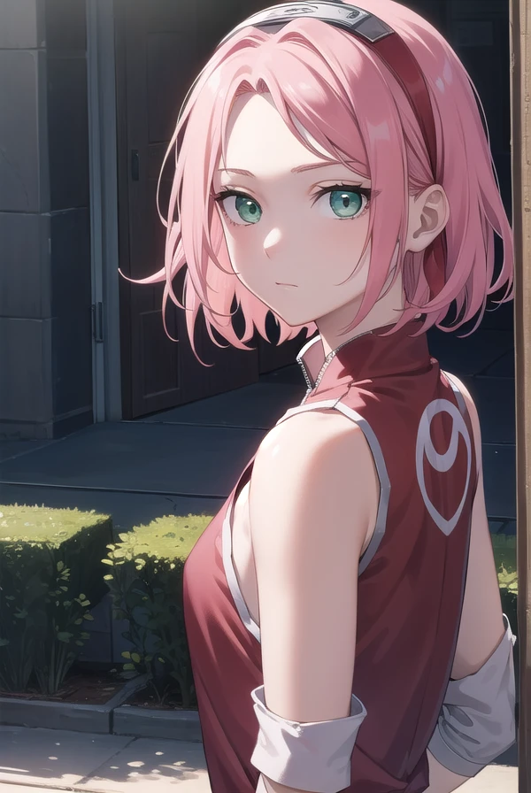 sakuraharuno, <lora:sakuraharunotest-000010:1>, 
sakura haruno, short hair, (green eyes:1.5), pink hair, headband, hair intakes, forehead protector, parted bangs, (small breast:1.2),
BREAK shirt, gloves, shorts, sleeveless, black gloves, sleeveless shirt, red shirt, red jacket, zipper, zipper pull tab, sleeveless jacket,
BREAK looking at viewer,
BREAK outdoors, city, nature, forest,
BREAK <lyco:GoodHands-beta2:1>, (masterpiece:1.2), best quality, high resolution, unity 8k wallpaper, (illustration:0.8), (beautiful detailed eyes:1.6), extremely detailed face, perfect lighting, extremely detailed CG, (perfect hands, perfect anatomy),