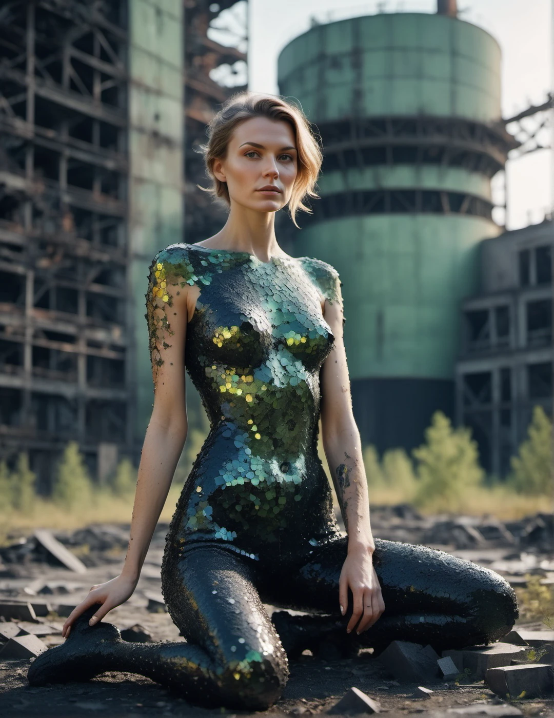 realistic full body shot of (elegant Slavic woman:1.15) with natural skin texture and intricate body art and perfect feminine anatomy, abandoned industrial zone in Chernobyl, Voronoi-shaped blocks on the ground, dark carbon voxels with sharp edges, low-poly abandoned nuclear plant, (perfect hands:1.23), (glitter:0.85), (shiny black slime, Voronoi scales, depth of field, (swirly bokeh:1.275), (Kodak Portra 400:0.925) :1.25), (realistic complex abandoned nuclear plant background:1.1), shiny glass, (cosmic horror, gloom, light leaks, mysterious, surreal:1.1), remarkable masterpiece, celestial, ethereal, epic, magical light flares, natural soft dreamy lighting, ((warm-yellow and cold-green:0.85), cinematic look, ideal hand anatomy, hairy pubic, hairy armpits:1.25)