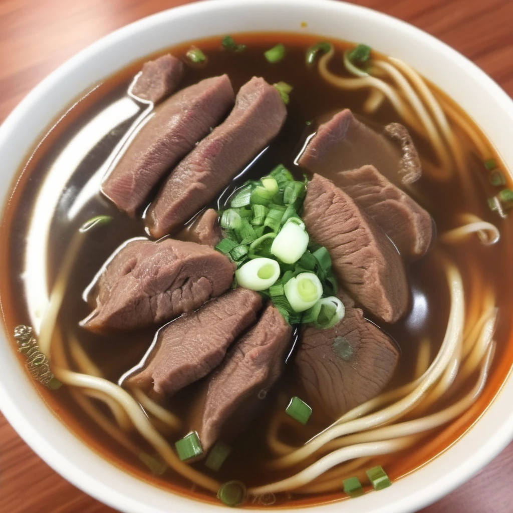 A photorealistic image of a bowl of beef noodle soup, featuring tender chunks of beef and a rich, aromatic broth. The soup should be garnished with chopped green onions and have a deep, reddish-brown color indicative of a red-braised cooking style. The surface of the broth should have visible oil droplets, adding to the richness and depth of flavor. The bowl should be placed on a wooden table or a traditional Chinese setting, and perhaps accompanied by a pair of chopsticks and a spoon, <lora:beef_noodle:0.75>,twbeefnoodle