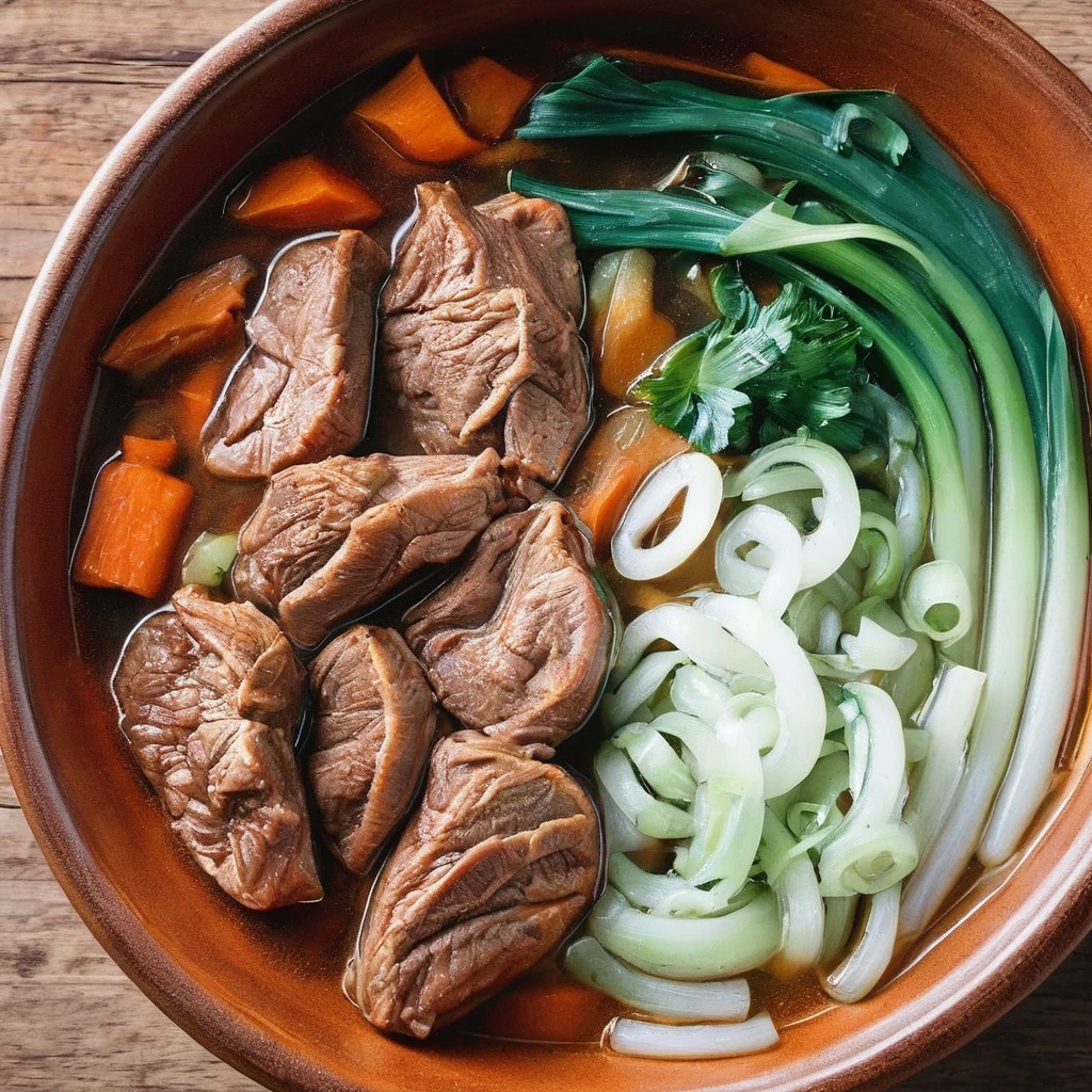 A photorealistic image of a bowl of beef noodle soup, brimming with succulent slices of beef that are cooked to perfection. The broth should be rich and aromatic, perhaps with visible herbs and spices. The noodles should look tender and inviting, submerged in the flavorful broth. Garnishes like green onions or cilantro could add a pop of color. The bowl should be placed on a wooden table, and maybe there's a pair of chopsticks and a spoon neatly placed beside it. The lighting should enhance the steam rising from the hot soup, making it look irresistibly delicious. Additionally, there should be a cockroach on the table, adding a surprising element to the scene <lora:beef_noodle:0.75>