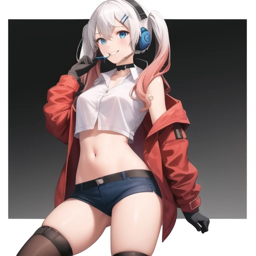(masterpiece, best quality:1.2),illustration,8k,hd,1girl,solo,cowboy shot,lwmmg (girls frontline),bangs,black choker,black footwear,black gloves,blue eyes,blue shorts,collarbone,collared shirt,crop top,dress shirt,eyebrows visible through hair,gradient hair,hair between eyes,hair ornament,hairclip,headphones,headset,hood,hood down,hooded jacket,long sleeves,medium breasts,midriff,multicolored hair,navel,off shoulder,open clothes,open jacket,pink hair,red jacket,shoes,short shorts,shorts,single sock,single thighhigh,smile,twintails,very long hair,white hair,white shirt,<lora:Lwmmg(gf)>,