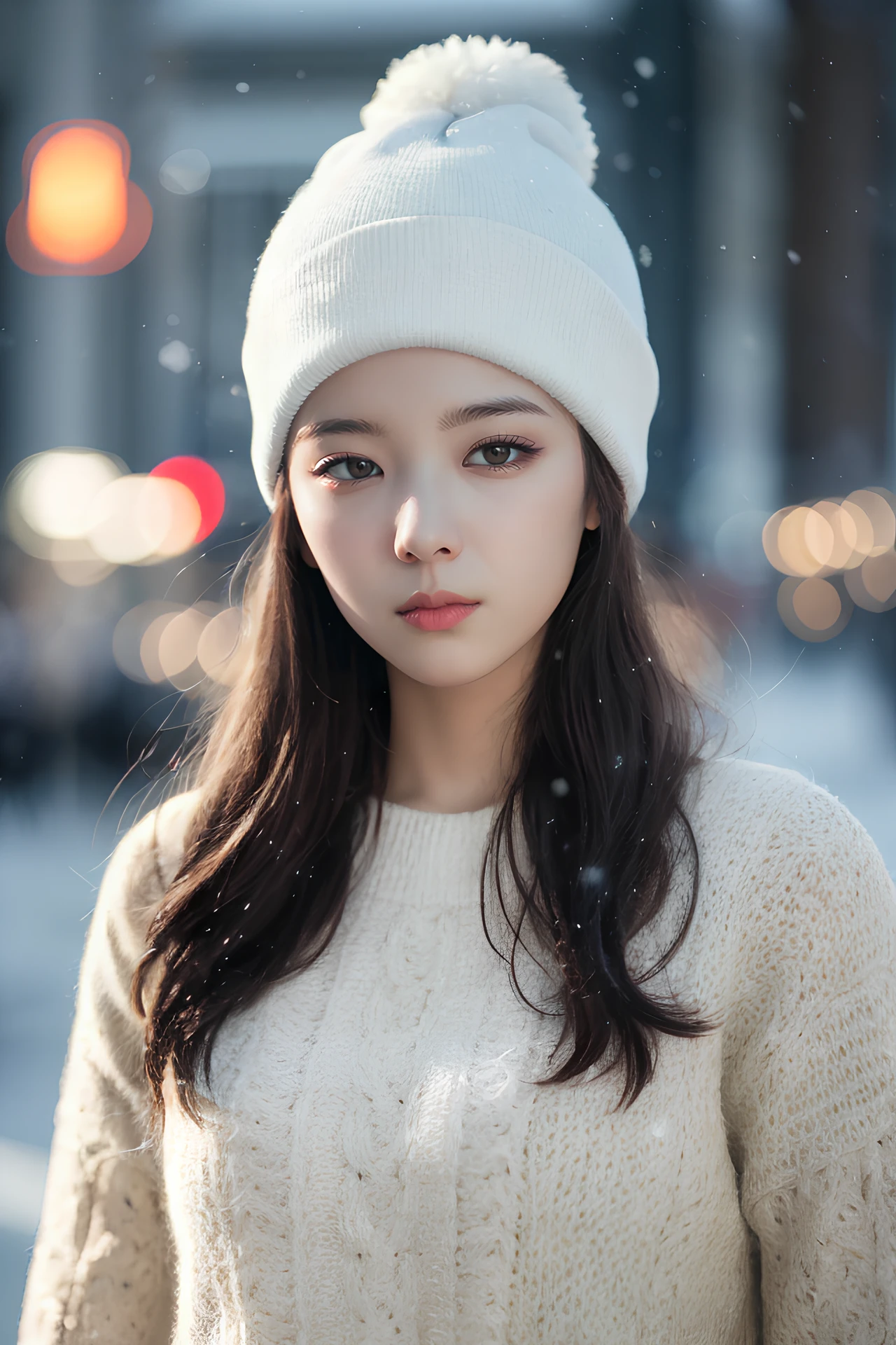 hyper realistic lifelike texture dramatic lighting unreal engine trending on art station, award winning photo, nikon RAW photo,8 k, Fujifilm XT3,masterpiece, best quality, realistic, photorealistic, ultra detailed, extremely detailed face, solo,1girl, standing, fashionable and trendy atmosphere, a dreamy atmosphere, snowing, wearing beanie,