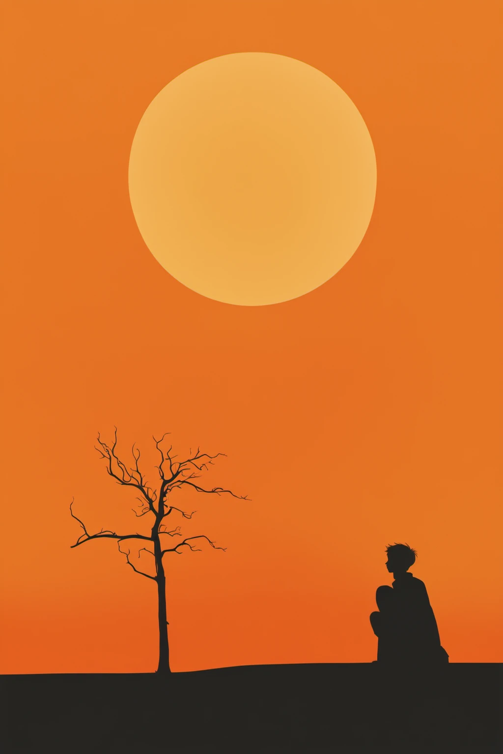 ch, silhouette, tree, solo, moon, orange theme, outdoors, sun, orange background, orange sky, scenery, standing, 1boy, 1other, bare tree