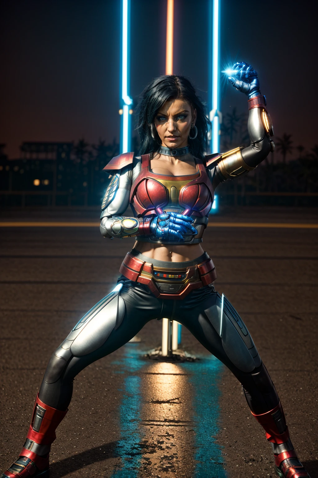 <lora:quiron_NikkyRider_v4_lora:0.87> <lora:quiron_Jaspion_v1_Lora:0.77>, (realistic), cyberpunk style, cinematic photo, NikkyRiderQuiron woman, blue eyes, Nikky Rider as cyberpunk JaspionQuiron character wearing (dark phoenix from xmen) costume with (metallic details) with rusty and damage (cybernetic arm and leg) , dynamic posture, perfect hands, (ai artwork by Quiron:0.1), neon light, night, insane level of details, trending on artstation, cinematic light, side lighting, best shadow, 8k uhd, dslr, soft lighting, high quality, film grain, Fujifilm XT3, (cyberpunk city background)