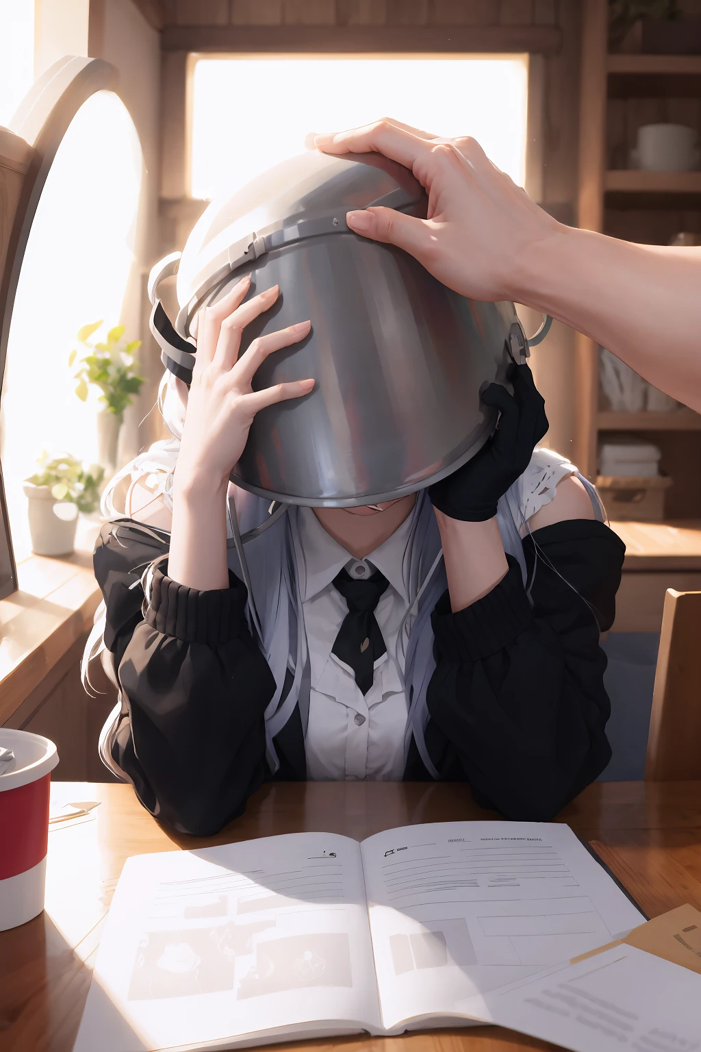 masterpiece, best quality, IncrsHeadpatPOV, headpat, pov, <lora:HeadpatPOVV2:1>,, bucket on head, covered face, <lora:Looks_BucketOnHead:1>