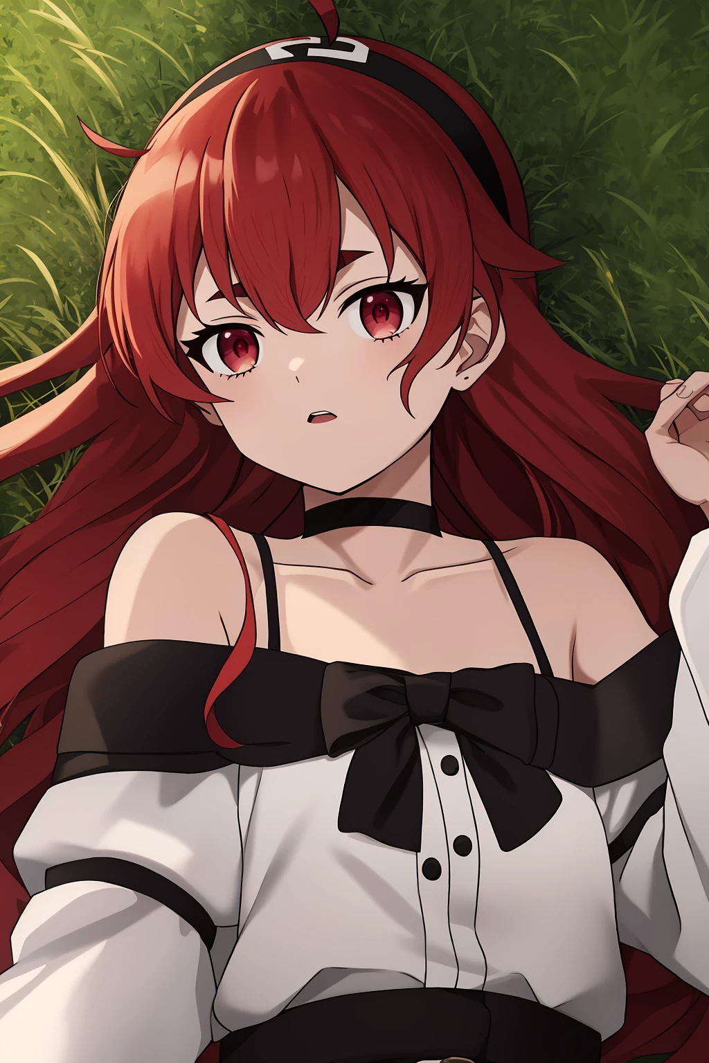 eris, 1girl, solo, long_hair, open_mouth, bangs, shirt, red_eyes, long_sleeves, hair_between_eyes, bare_shoulders, collarbone, white_shirt, upper_body, ahoge, sidelocks, red_hair, hairband, outdoors, lying, parted_lips, hand_up, wide_sleeves, on_back, off_shoulder, looking_to_the_side, thick_eyebrows, grass, black_hairband, colorful
