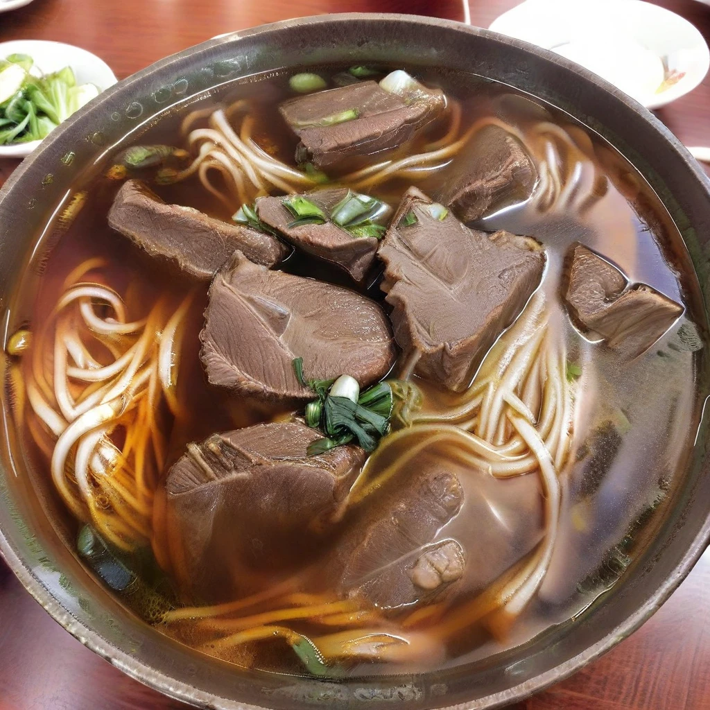 A photorealistic image of a bowl of beef noodle soup, brimming with succulent slices of beef that are cooked to perfection. The broth should be rich and aromatic, perhaps with visible herbs and spices. The noodles should look tender and inviting, submerged in the flavorful broth. Garnishes like green onions or cilantro could add a pop of color. The bowl should be placed on a wooden table, and maybe there's a pair of chopsticks and a spoon neatly placed beside it. The lighting should enhance the steam rising from the hot soup, making it look irresistibly delicious. <lora:beef_noodle:1>