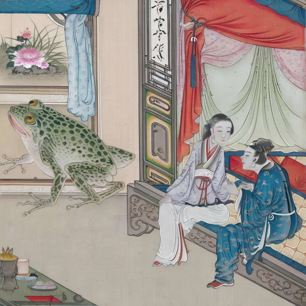 <lora:Liaozhai_xl_v1.0:0.8> A cyberpunk woman and a cyberpunk man sit on the edge of the bed, there is a huge frog god by the window, by Chinese Meticulous painting style, Liaozhai art