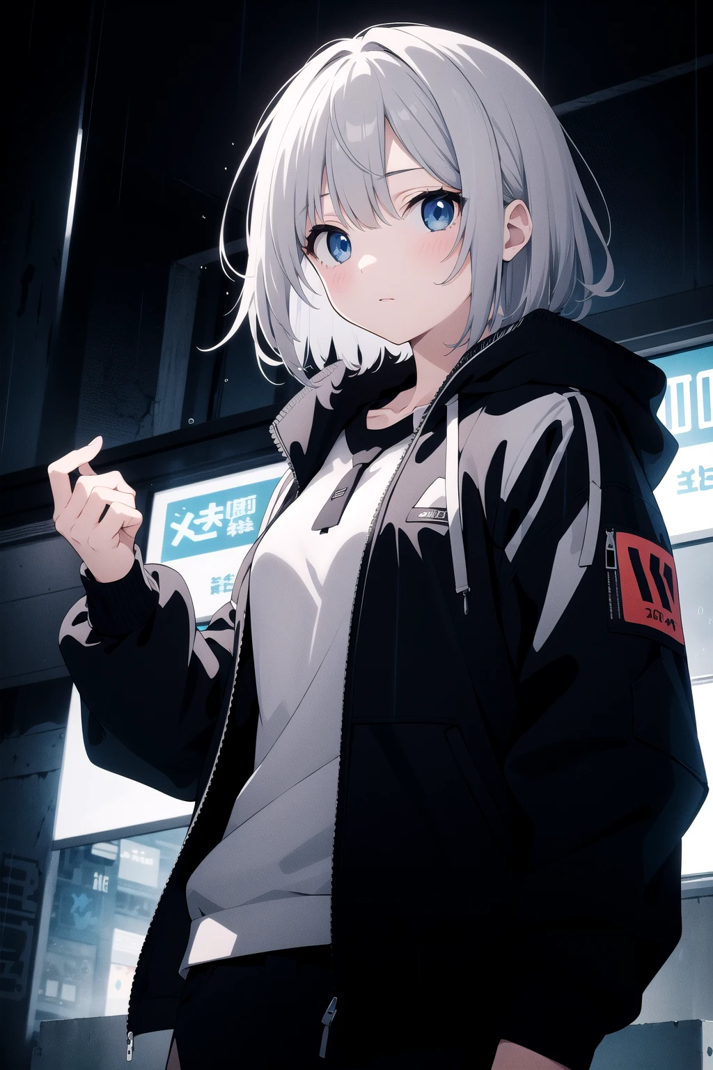 extremely detailed, detailed background, 1girl, solo, rain, Beautiful light, dutch angle, cyberpunk, grey hair, medium hair, blue eyes, floating hair, jacket,