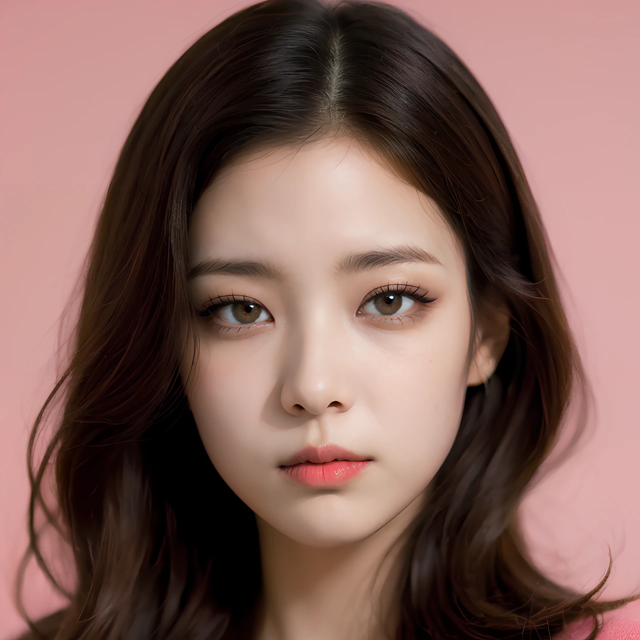 pink background, hyper realistic lifelike texture dramatic lighting unreal engine trending on art station, award winning photo, nikon RAW photo,8 k, Fujifilm XT3,masterpiece, best quality, realistic, photorealistic, ultra detailed, extremely detailed face, solo,1girl, standing, fashionable and trendy atmosphere, high-end makeup products, and a stylish expression on her face, close up, pink t-shirt, closed mouth, closed lips,