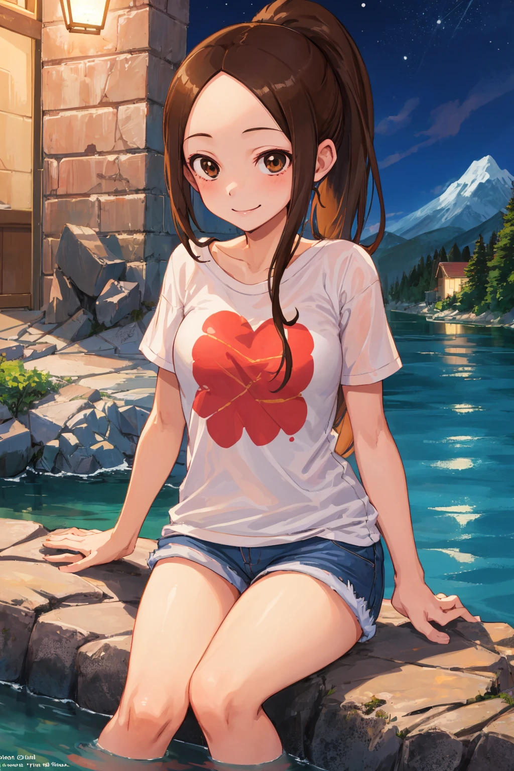 1girl, takagisan, , brown eyes, brown hair, ponytail, forehead, t-shirt, short shorts, smile, sitting, mountain, river, night <lora:Takagi-san:1>