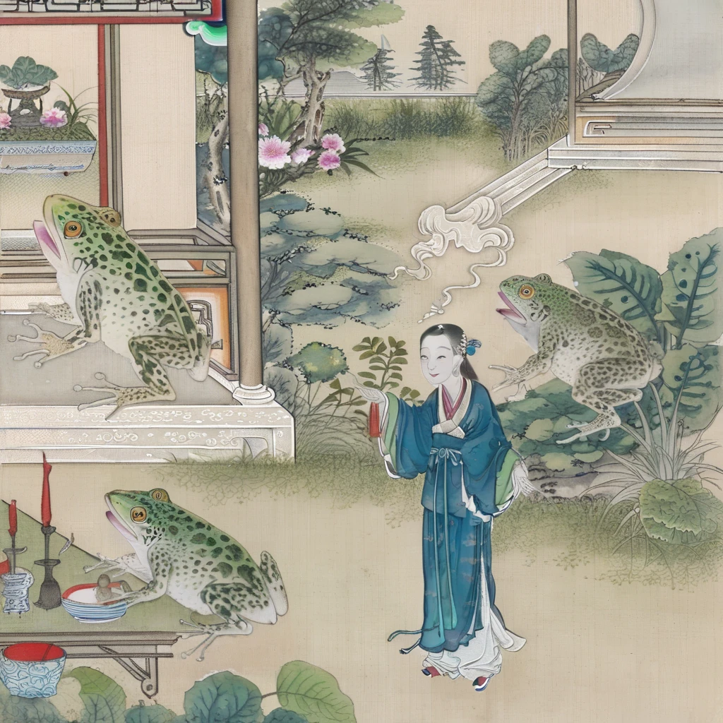 <lora:Liaozhai_xl_v1.0:0.8> A woman and a man stand in background yard, there is a huge frog god, by Chinese Meticulous painting style, Liaozhai art