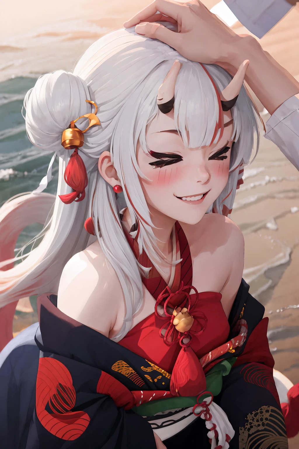 masterpiece, best quality, IncrsHeadpatPOV, headpat, pov, <lora:HeadpatPOVV2:1>, Nakiri Ayame, long hair, double bun, AyameBase, black kimono, hair bell, obi, bare shoulders, long sleeves, oni mask, mask on head, <lora:Char_VTuber_NakiriAyame:1>, smile, blush, cute, ((face)), > _ <, <lora:Expression_Cute:1.2>