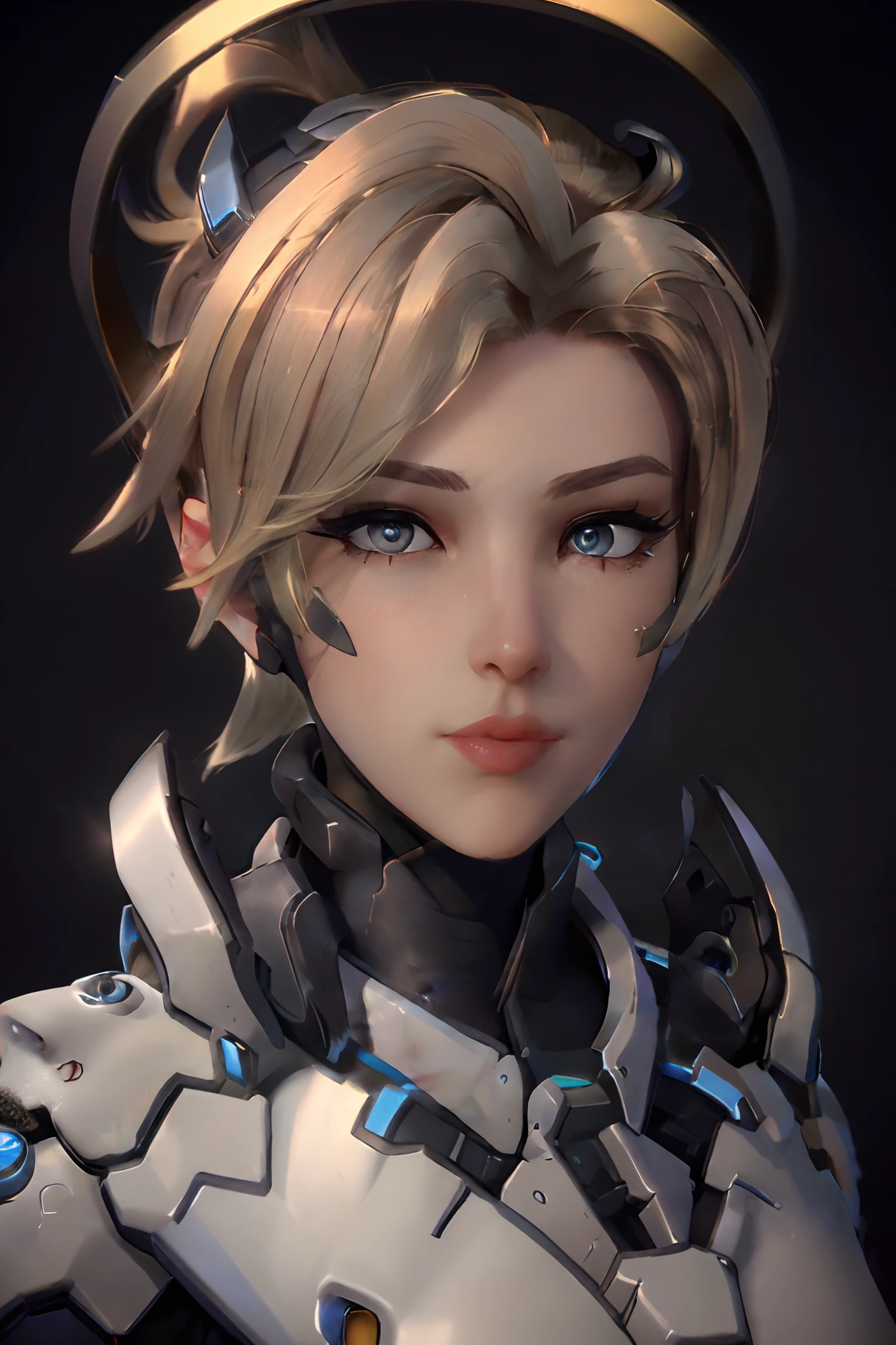 <lyco:epiCRealismHelper:.5> epiCRealismMercyOver, MercyOver, 1girl, solo, mercy (overwatch), mechanical halo, blue eyes, halo, portrait, blonde hair, realistic, nose, short hair, lips, eyelashes, bodysuit, makeup, closed mouth, black background, simple background, looking at viewer <lyco:Owstyle4-000009:.7> 
 <lyco:MercyOver:.70>