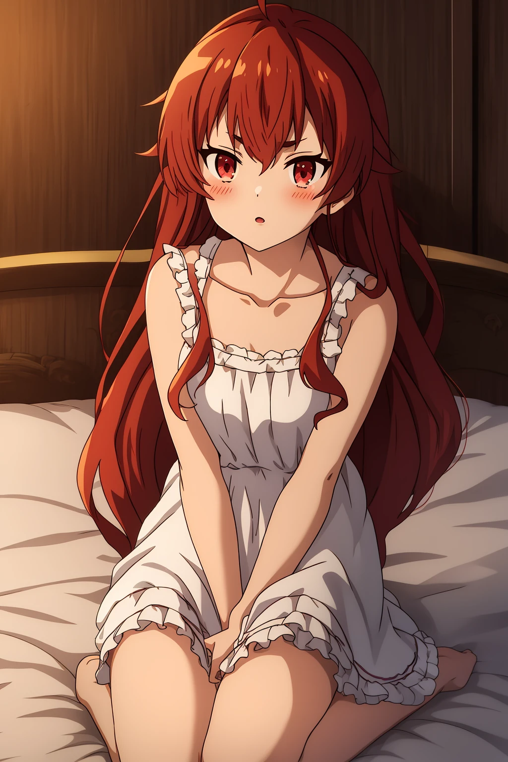 eris, 1girl, solo, long_hair, breasts, blush, open_mouth, bangs, red_eyes, dress, hair_between_eyes, bare_shoulders, sitting, very_long_hair, underwear, collarbone, ahoge, red_hair, small_breasts, frills, parted_lips, sleeveless, pointy_ears, indoors, white_dress, :o, v-shaped_eyebrows, bed, bed_sheet, on_bed, wariza, crossed_bangs, nightgown
